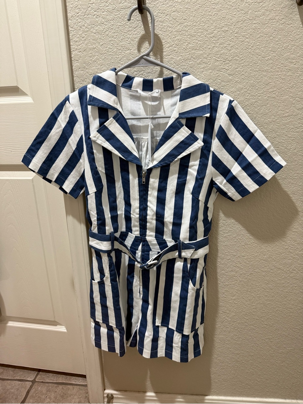 TALULAH Navy and White Striped Short-Sleeve Romper